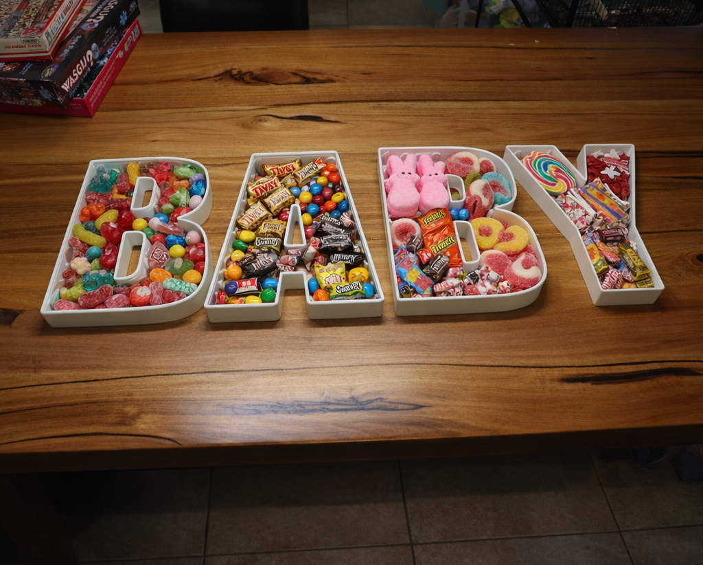 Baby shower letters, White letters full of birthday candy