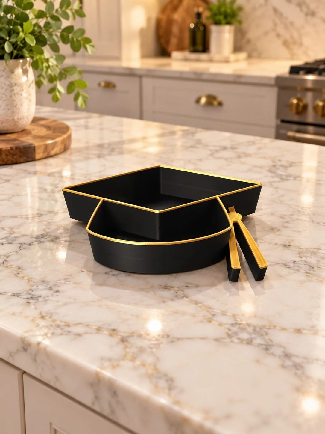 Front view of an empty black and gold graduation cap fillable tray with decorative tassel on a marble bench