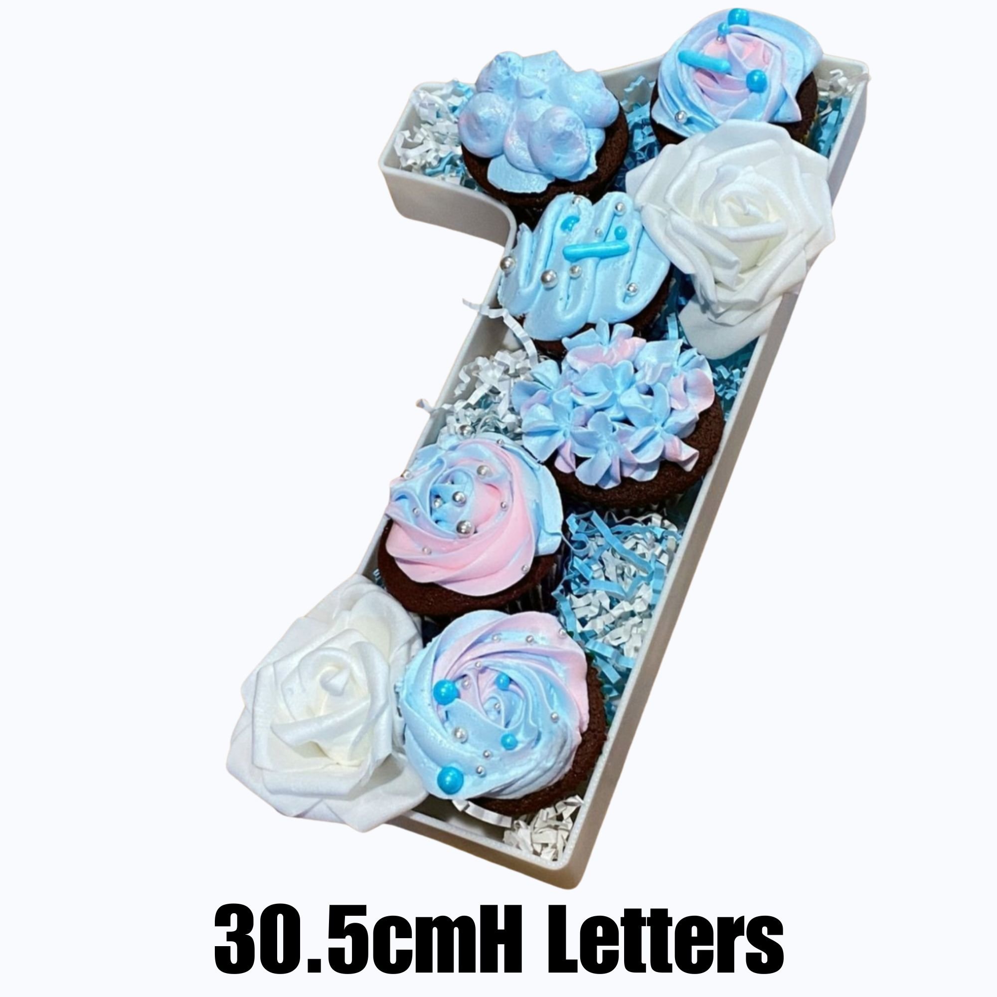 Number 1 reusable food display, full of cupcakes and whites rose