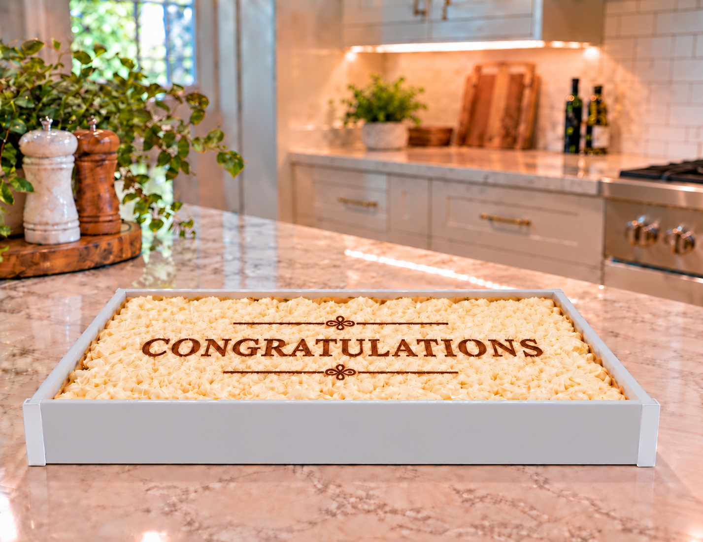 Opal acrylic tiramisu tray with a congratulations cocoa design by Minnow’s Makes
