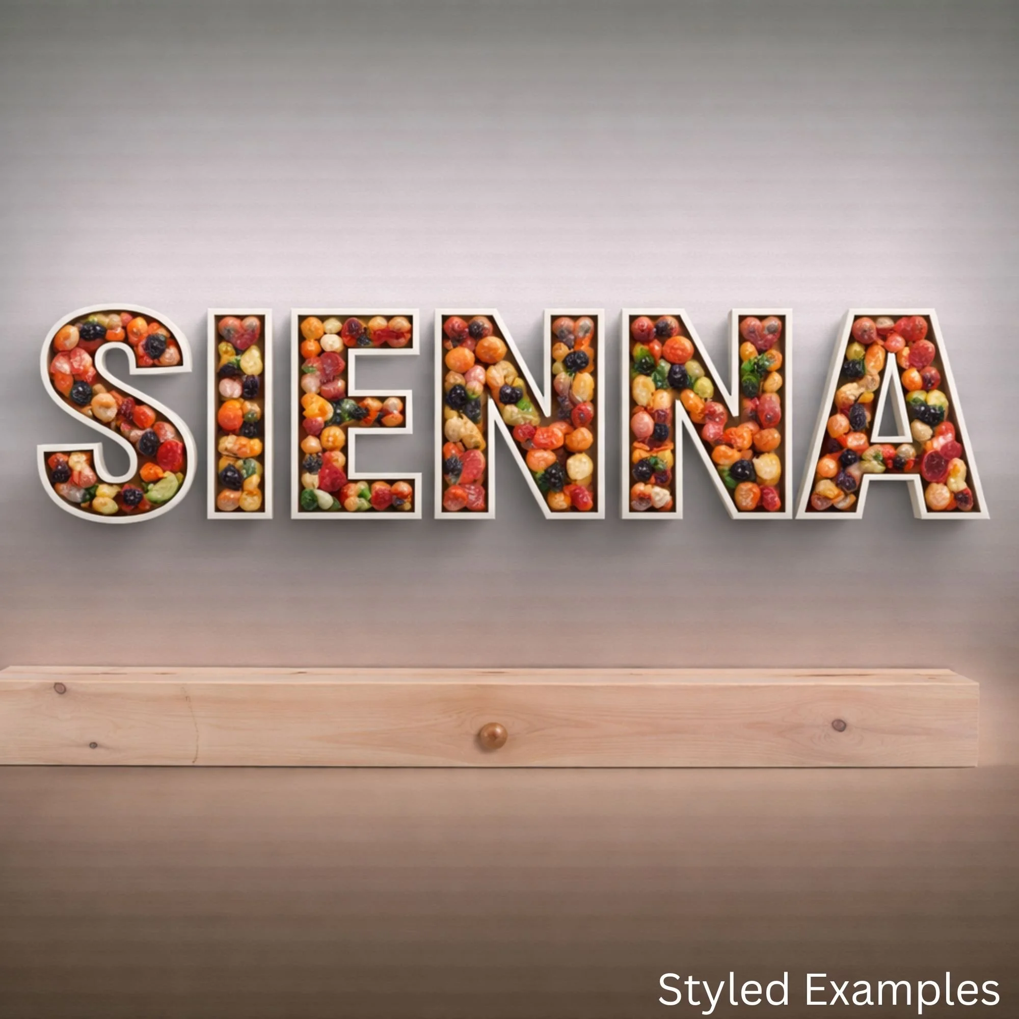fillable letter trays spelling Sienna filled with charcuterie food display