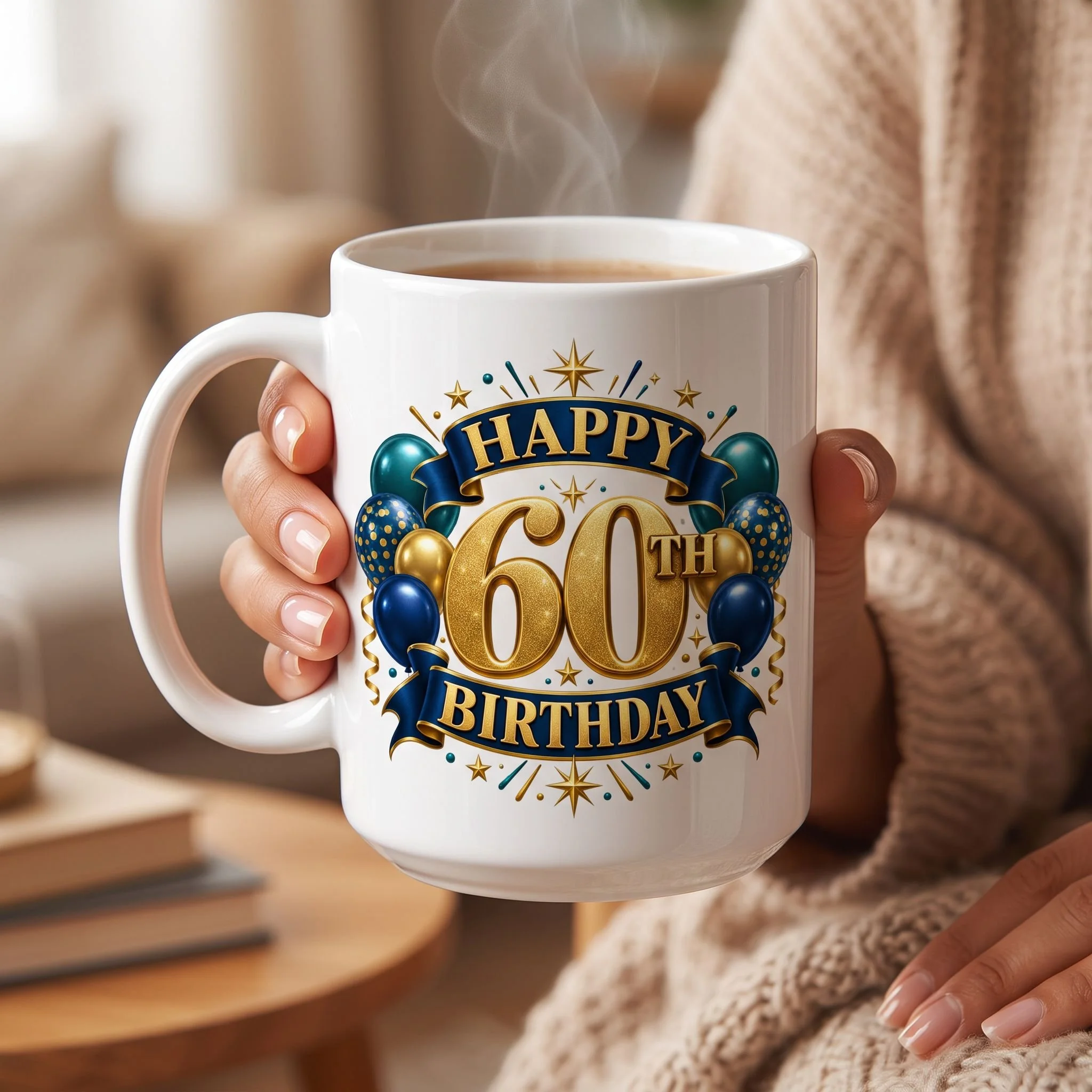White gift mug with a blue and gold Happy 60th Birthday design
