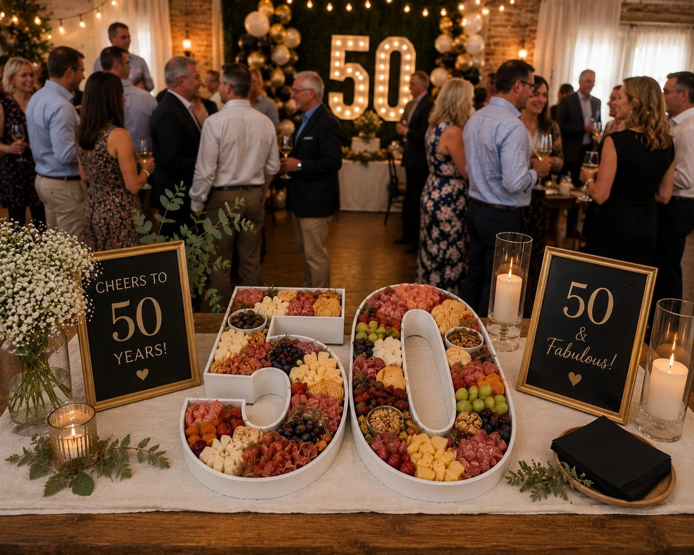 A celebration event with a large crowd of people gathered in a warmly lit indoor space for someone's 50th birthday. In the foreground, there is a table decorated with two large number '50' signs filled with charcuterie , flanked by two framed signs.