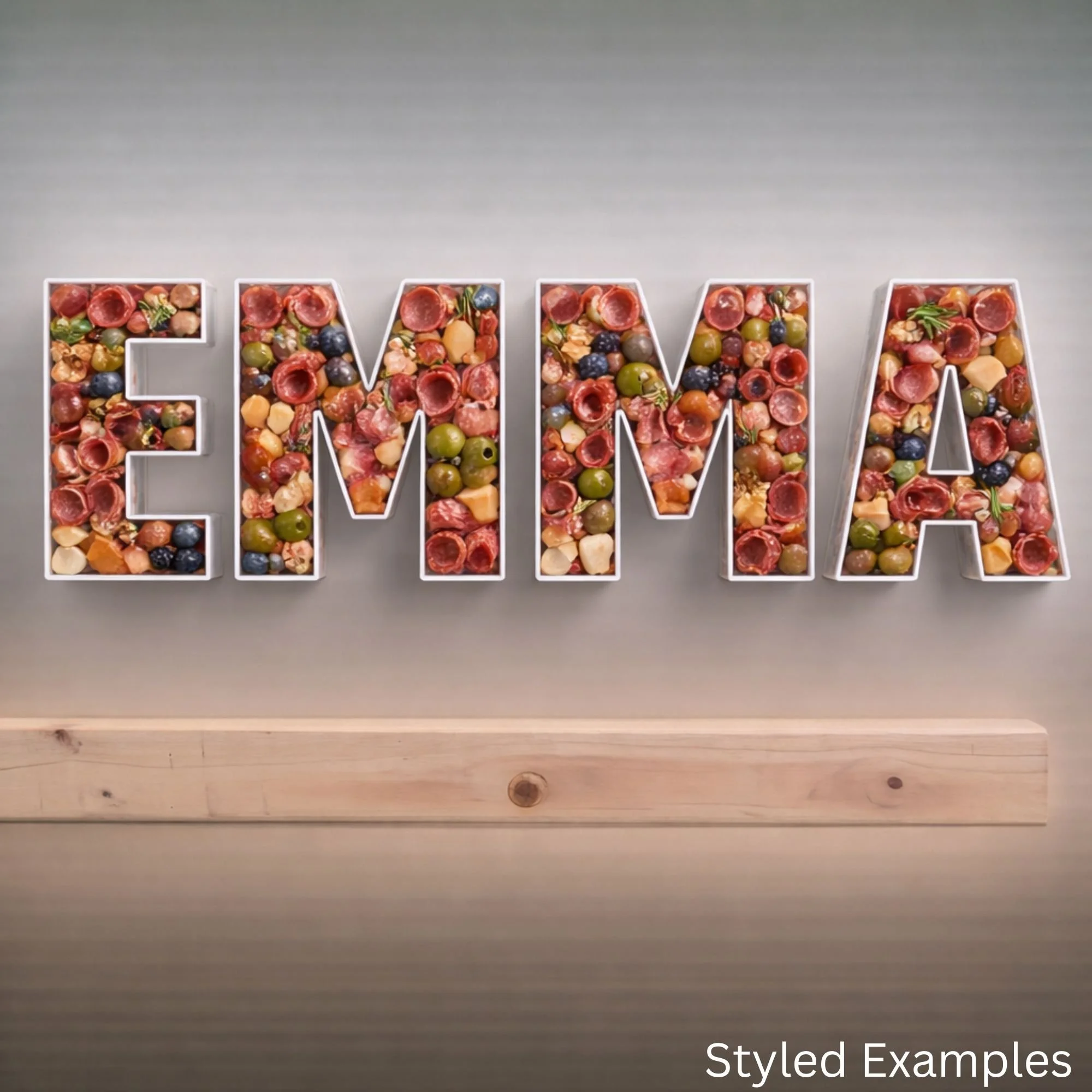 fillable letter trays spelling Emma filled with charcuterie food items