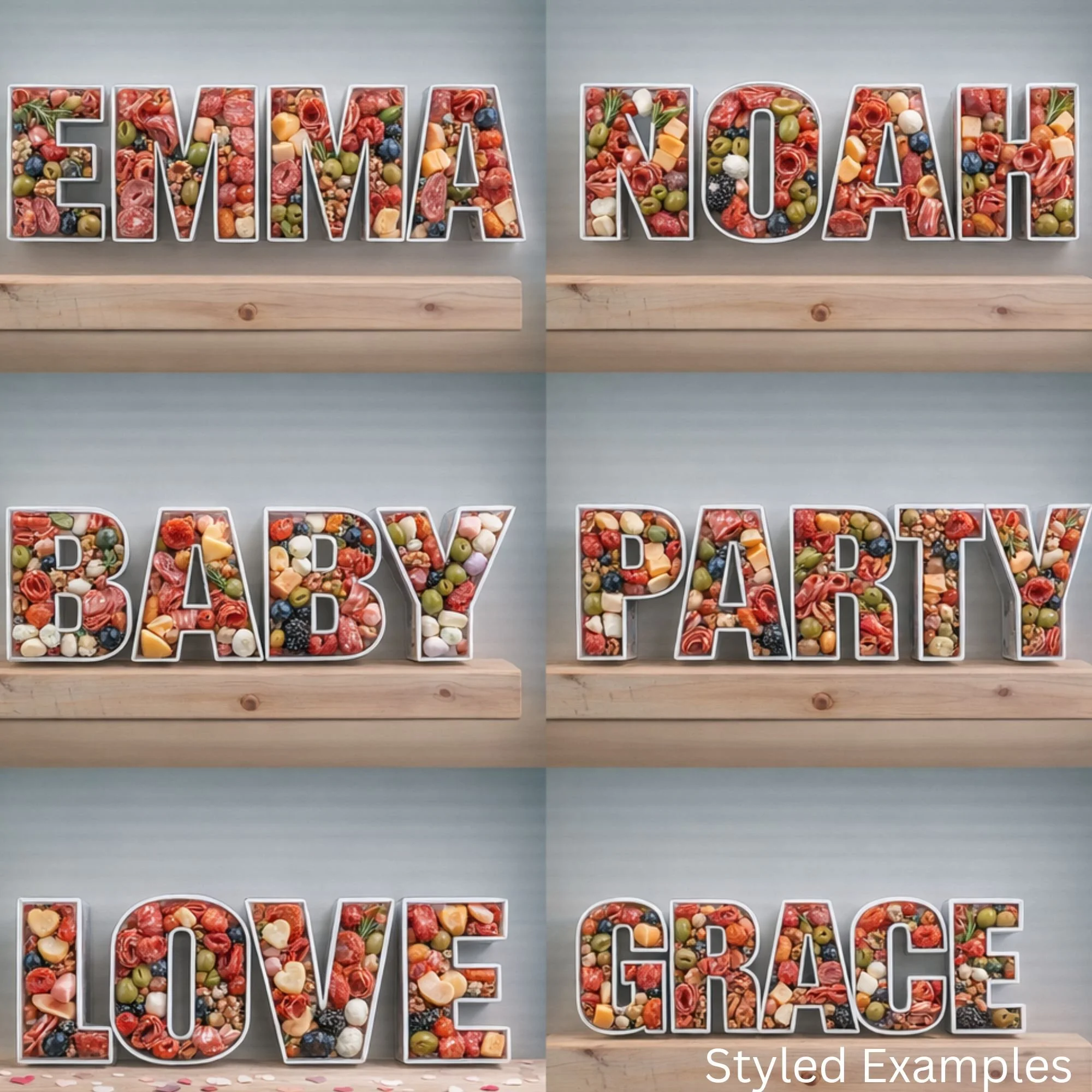 fillable letter trays full of charcuterie meats and fruit