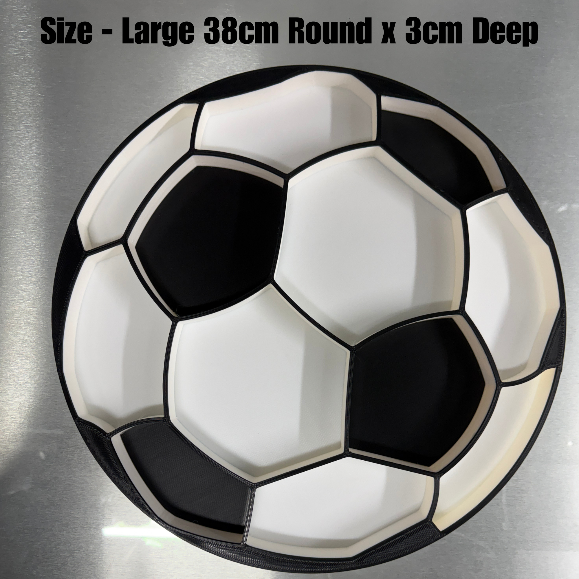Large soccer snack tray in black and white for food