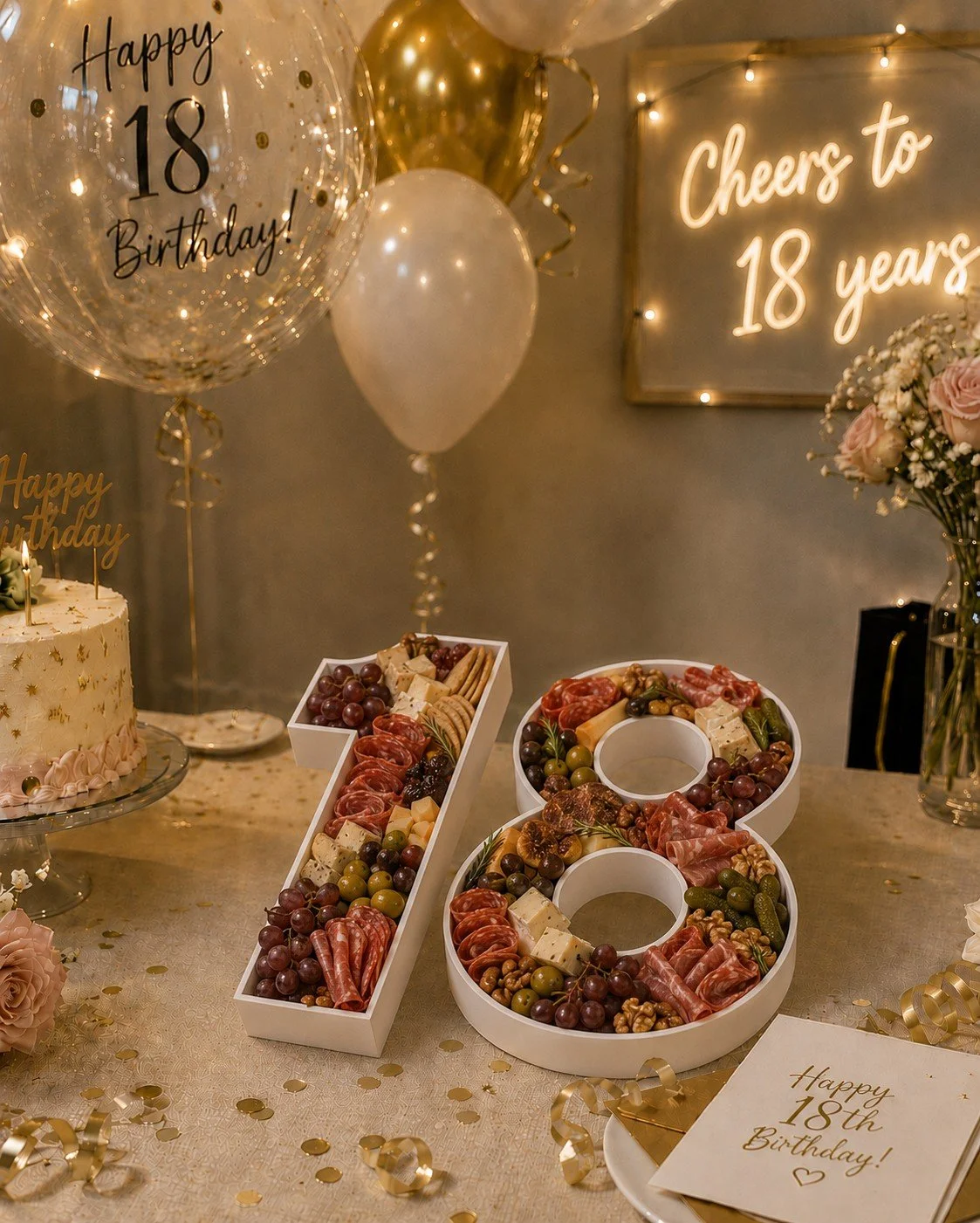 Decorative table number platters celebrating an 18th birthday with a birthday cake, balloons, and a large number 18 tray full of food, including cheese, grapes, and salami.