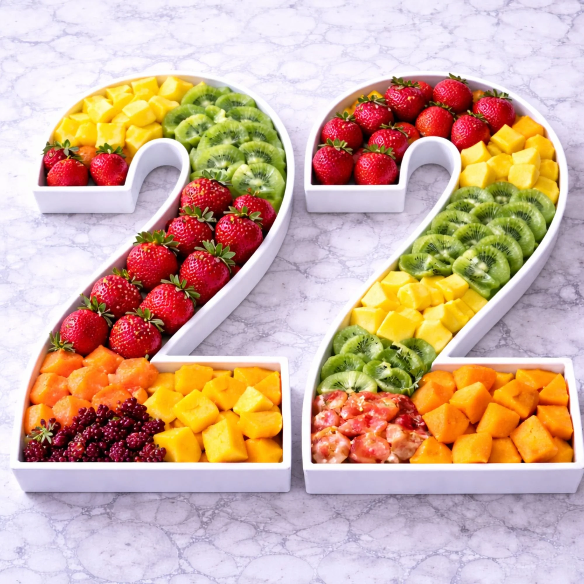 Three white trays shaped like the number 8 filled with assorted chopped fresh fruits, including strawberries, kiwis, mangoes, cantaloupe, and raspberries, placed on a marble surface.