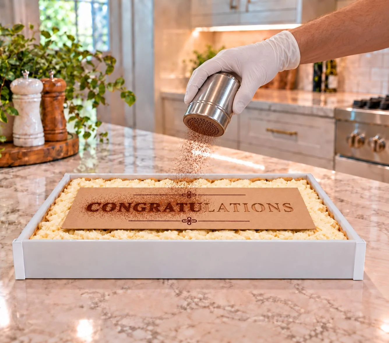 Dusting cocoa over tiramisu in a reusable opal acrylic tray