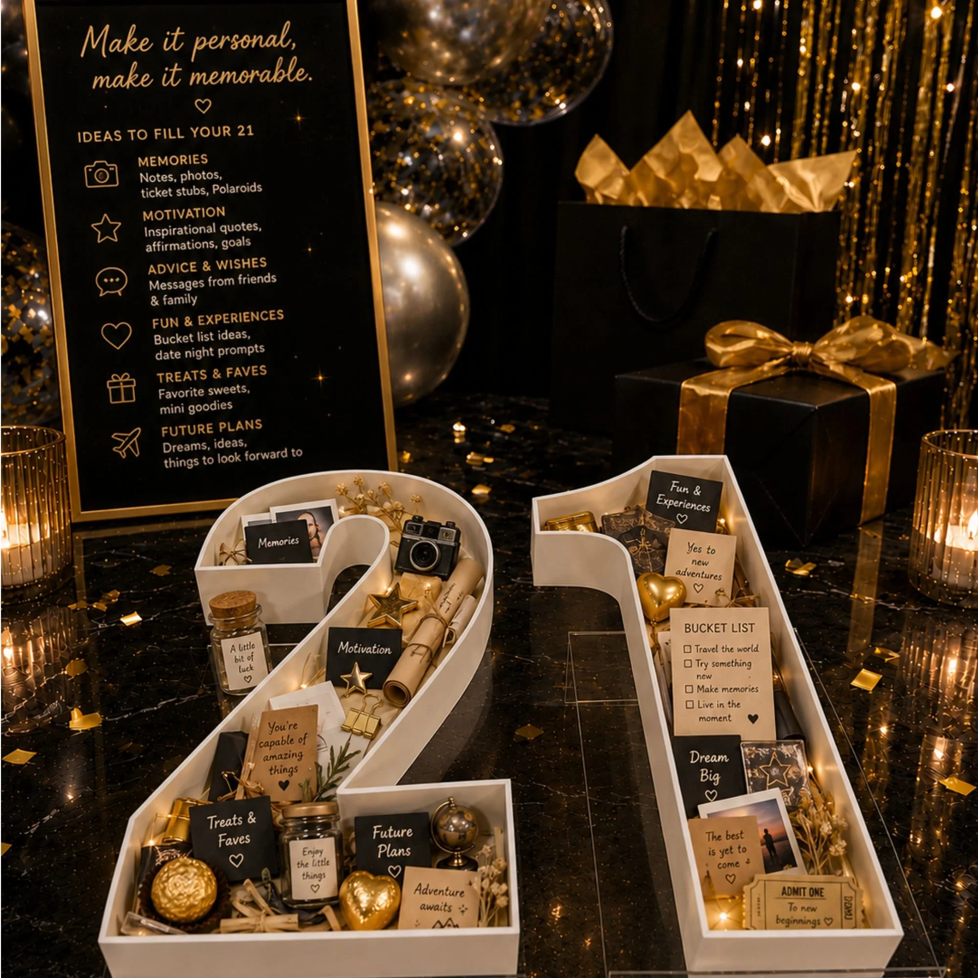 21st numbers full of notes black, white and gold in colour.