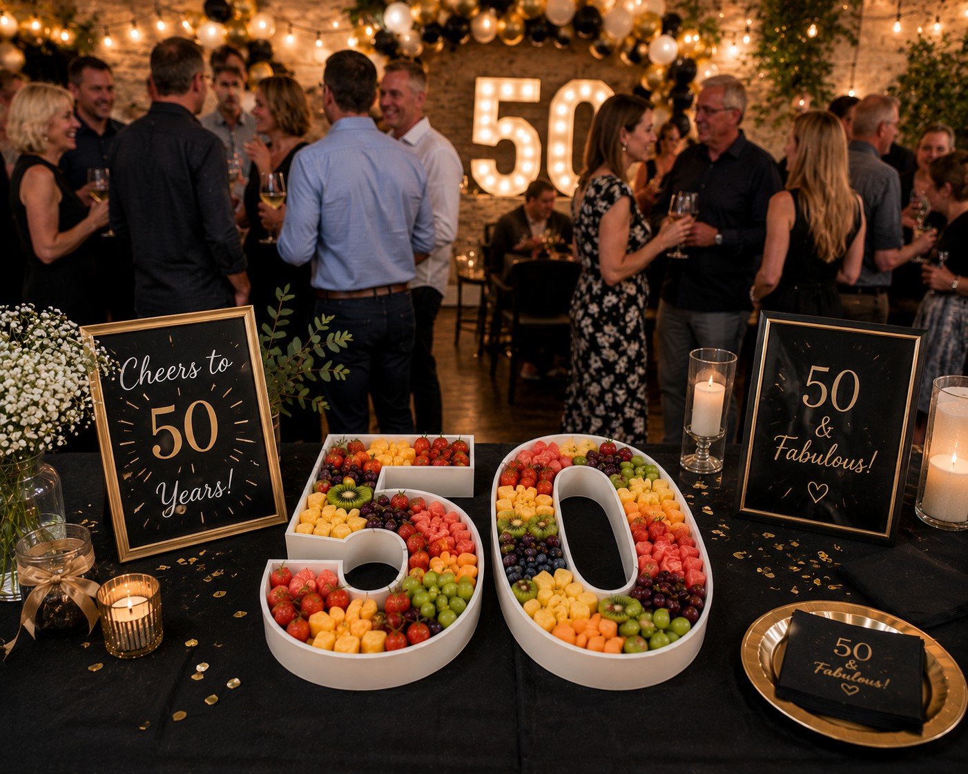 A celebration event marking a 50th birthday with people socializing, decorated with balloons and illuminated numbers '50', featuring a table with fruit, candles, and signs that read 'Cheers to 50 Years' and '50 & Fabulous!'.