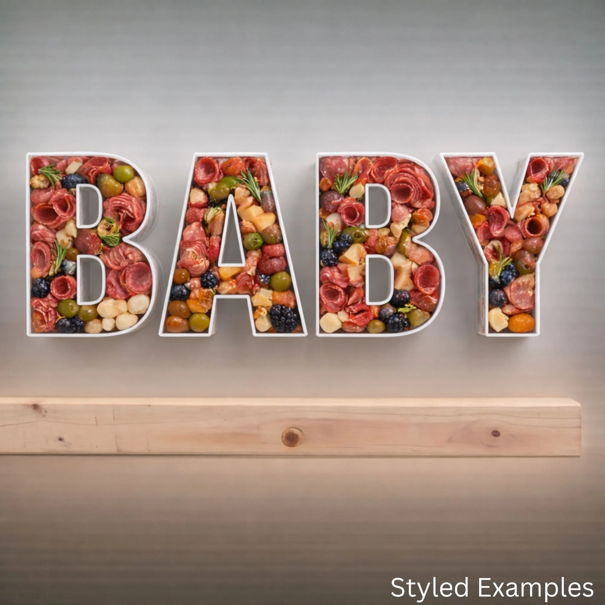 baby shower fillable letter trays filled with party snacks