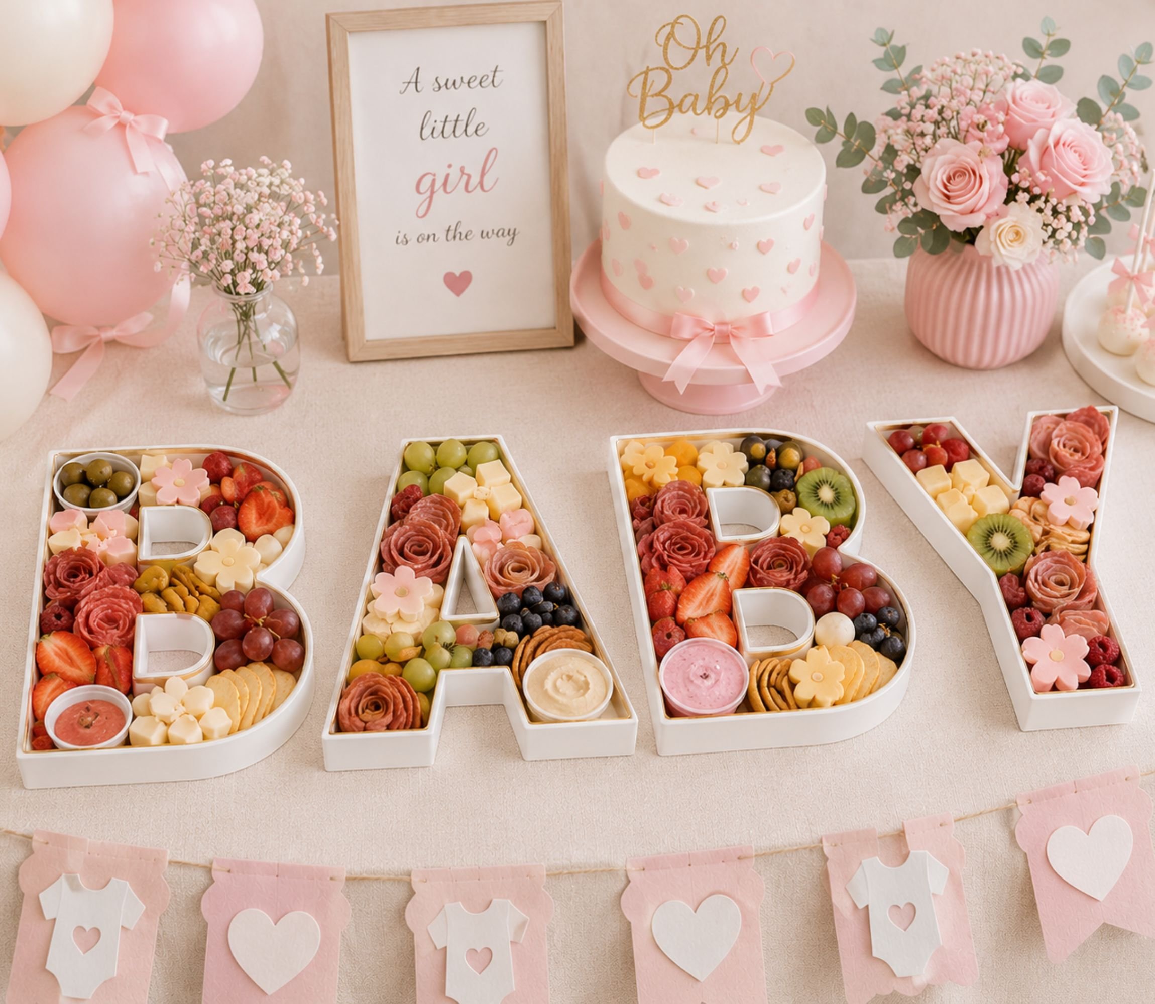 Word baby full of charcuterie meats and cheeses sitting on a table