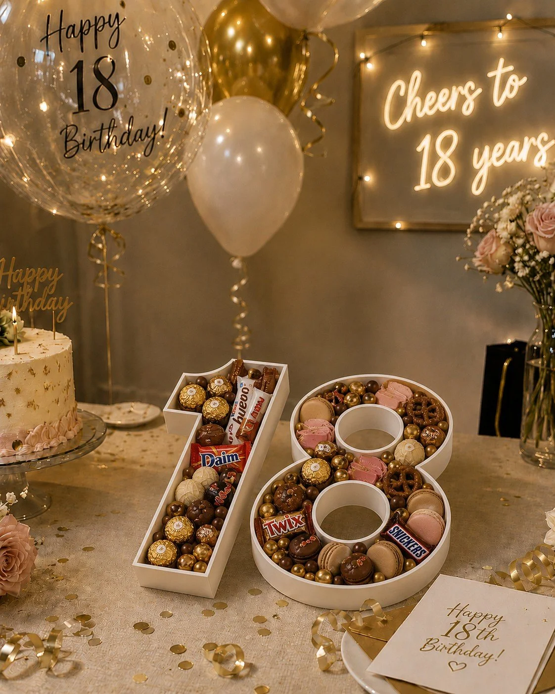 Decorative birthday celebration fillable table numbers with balloons, a cake, chocolates, and a sign reading 'Cheers to 18 years'.