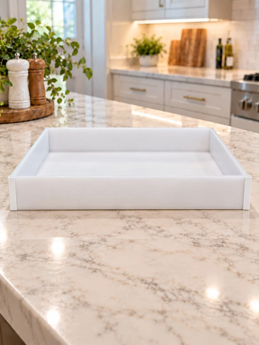 Front view of the empty reusable opal acrylic dessert tray