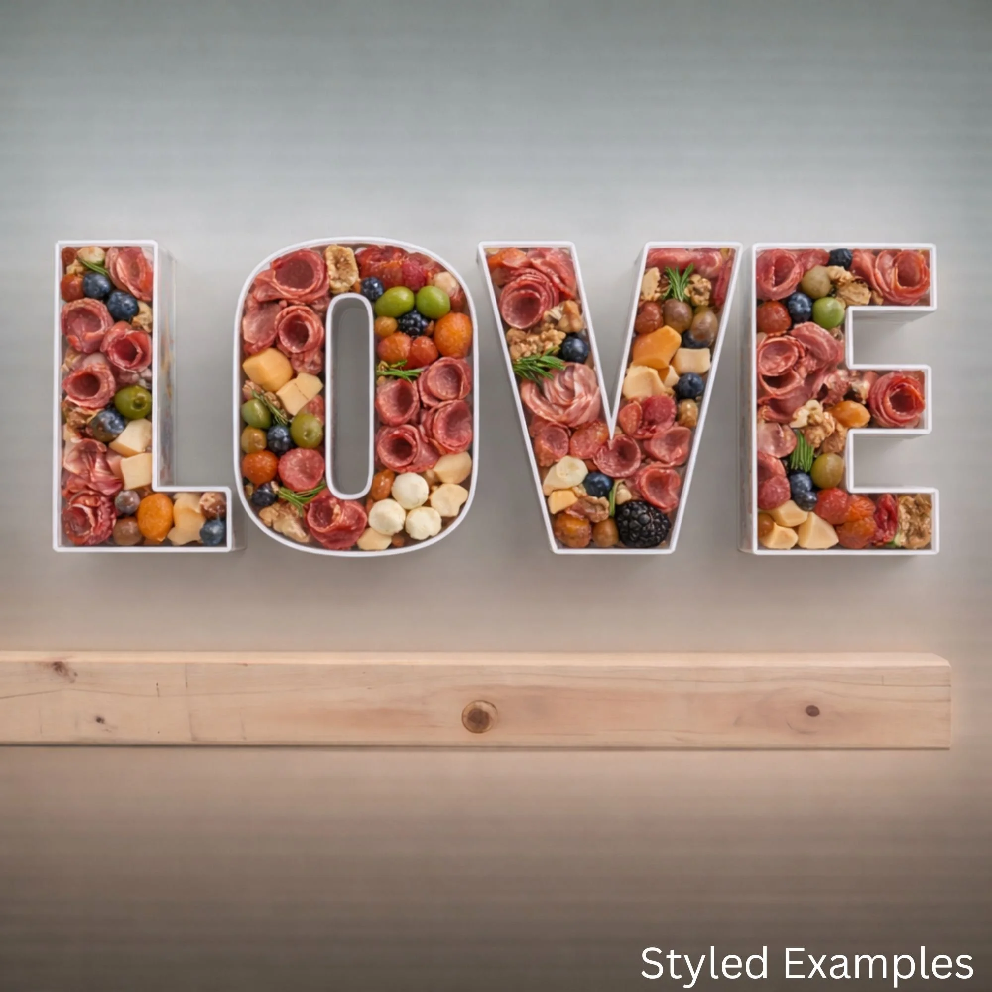 fillable letter trays spelling love for valentines day filled with charcuterie snack items