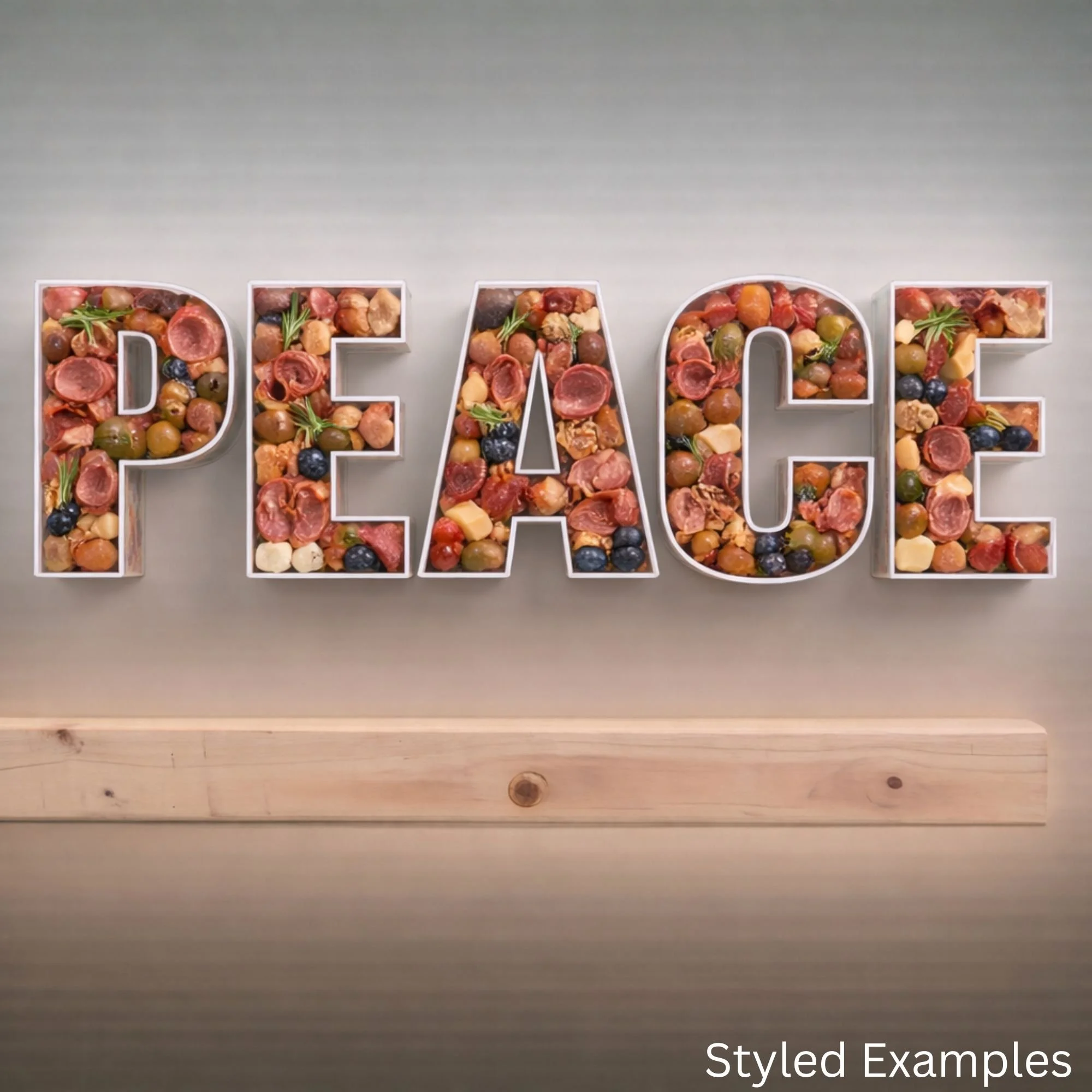 letter platter spelling peace full of meats and olives