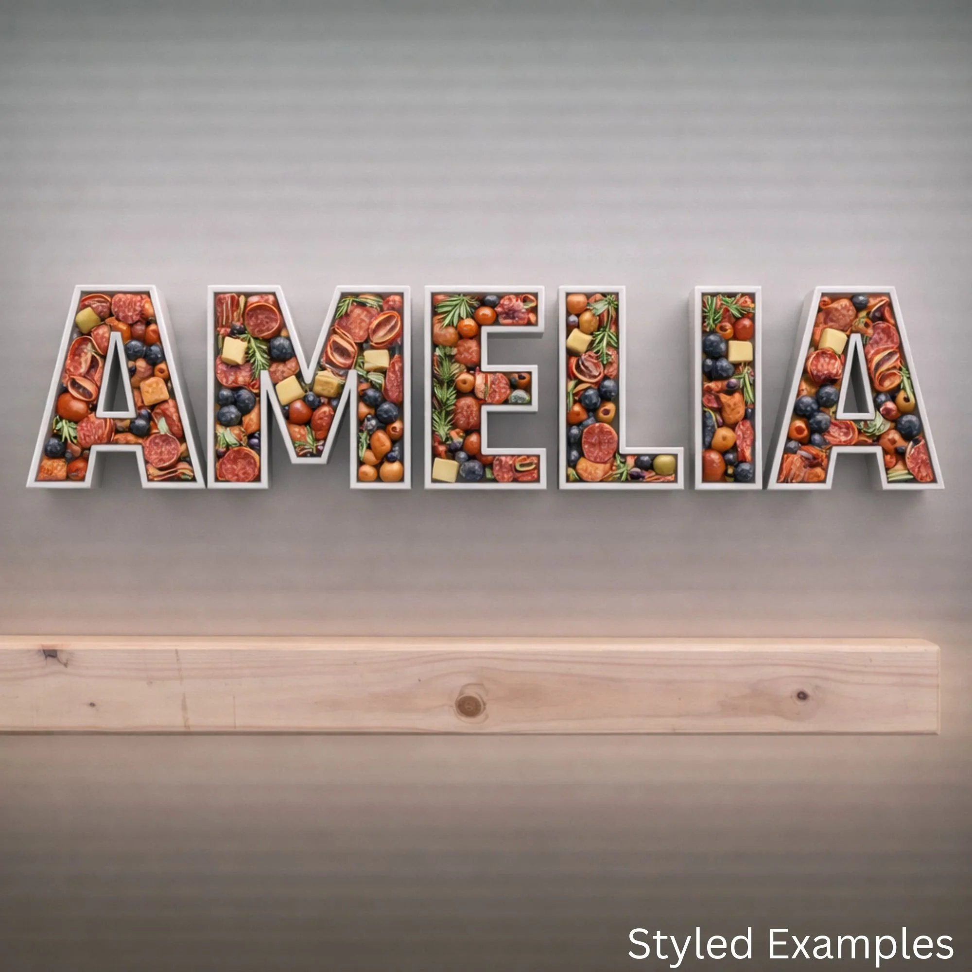 fillable letter trays spelling Amelia filled with charcuterie grazing foods