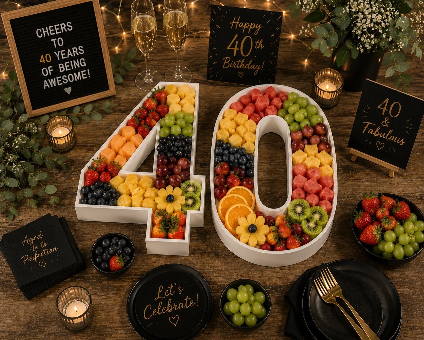 A birthday celebration table with large 40-shaped decorations filled with assorted fresh fruits such as strawberries, grapes, kiwi, cantaloupe, honeydew, and oranges. There are candles, black napkins, black plates, gold utensils, and signs with celebratory messages like "Cheers to 40 years of being awesome!" and "Let's celebrate!". The scene is decorated with string lights and a small black flower vase.