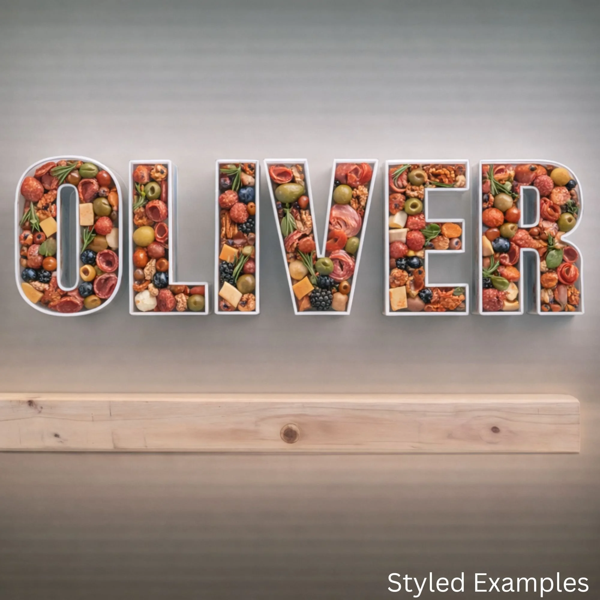 fillable letter trays spelling Oliver filled with grazing table foods