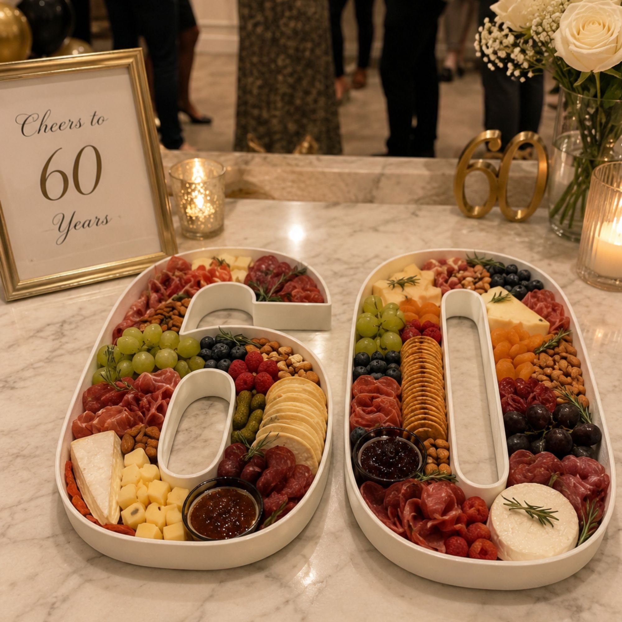 Charcuterie board 60 on a table ready for birthday party