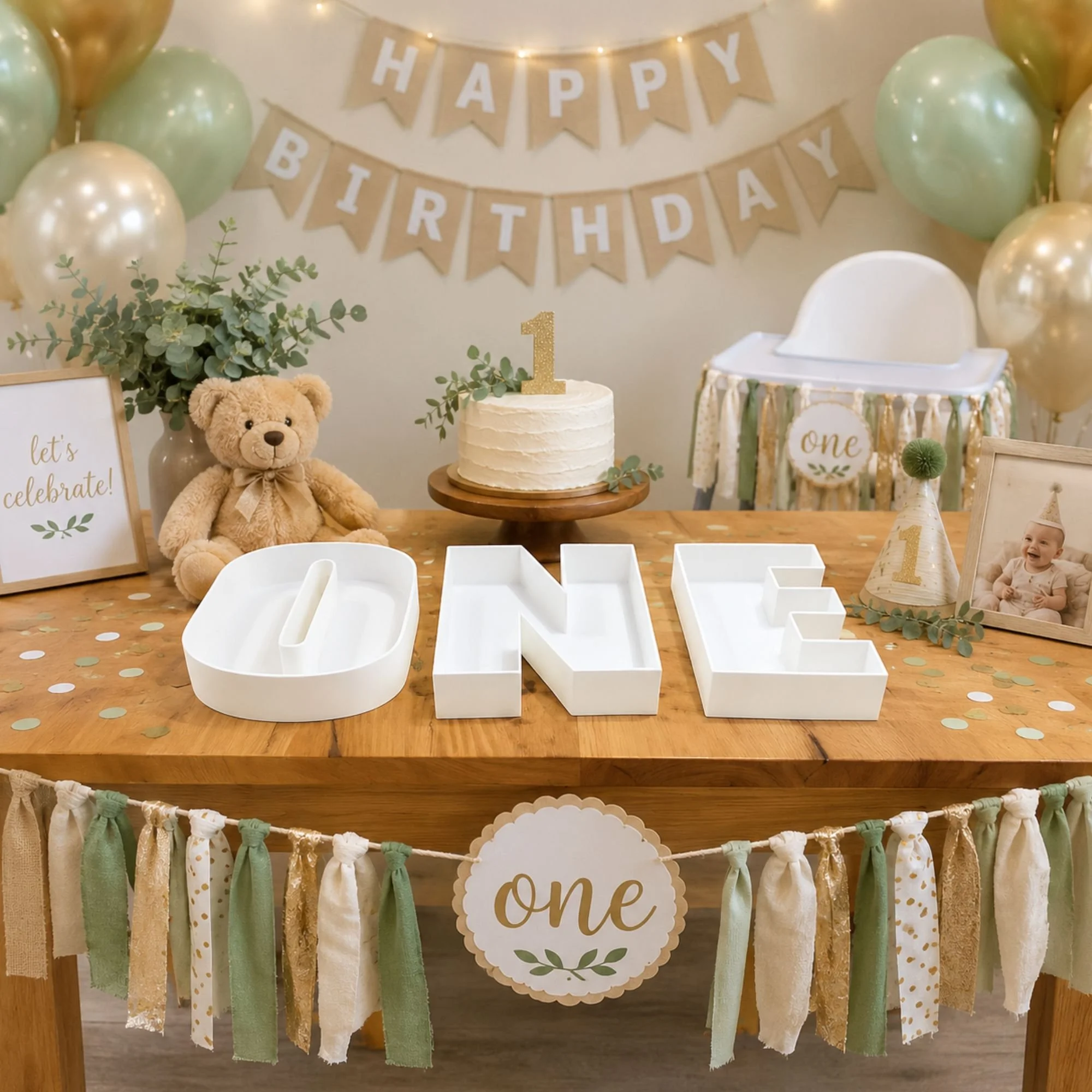 Empty Fillable box letters for a 1st birthday display spelling one and sitting on a display table