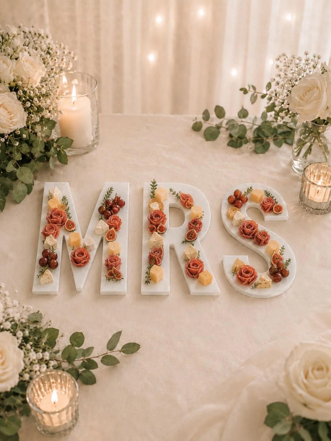 Acrylic MRS letters in a soft pink decoration display showing rosses and rose leaves