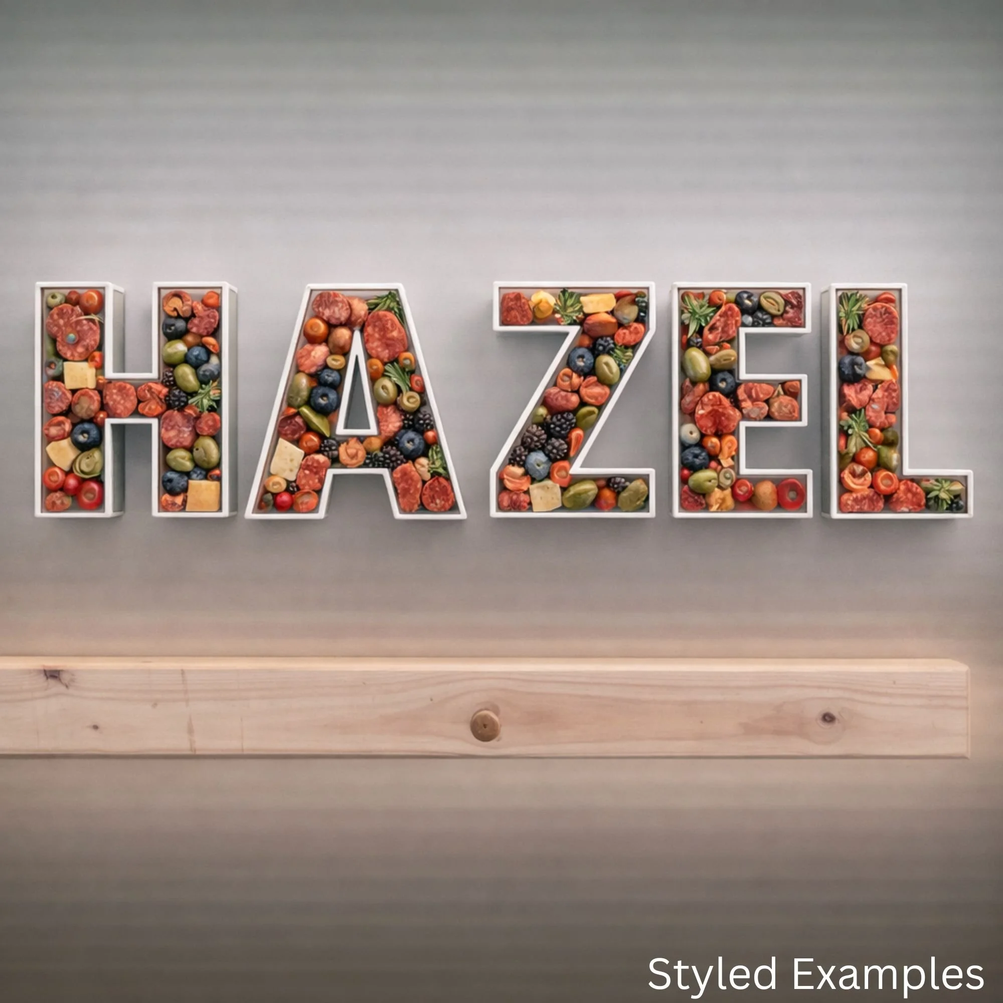 fillable letter trays spelling Hazel filled with charcuterie food display