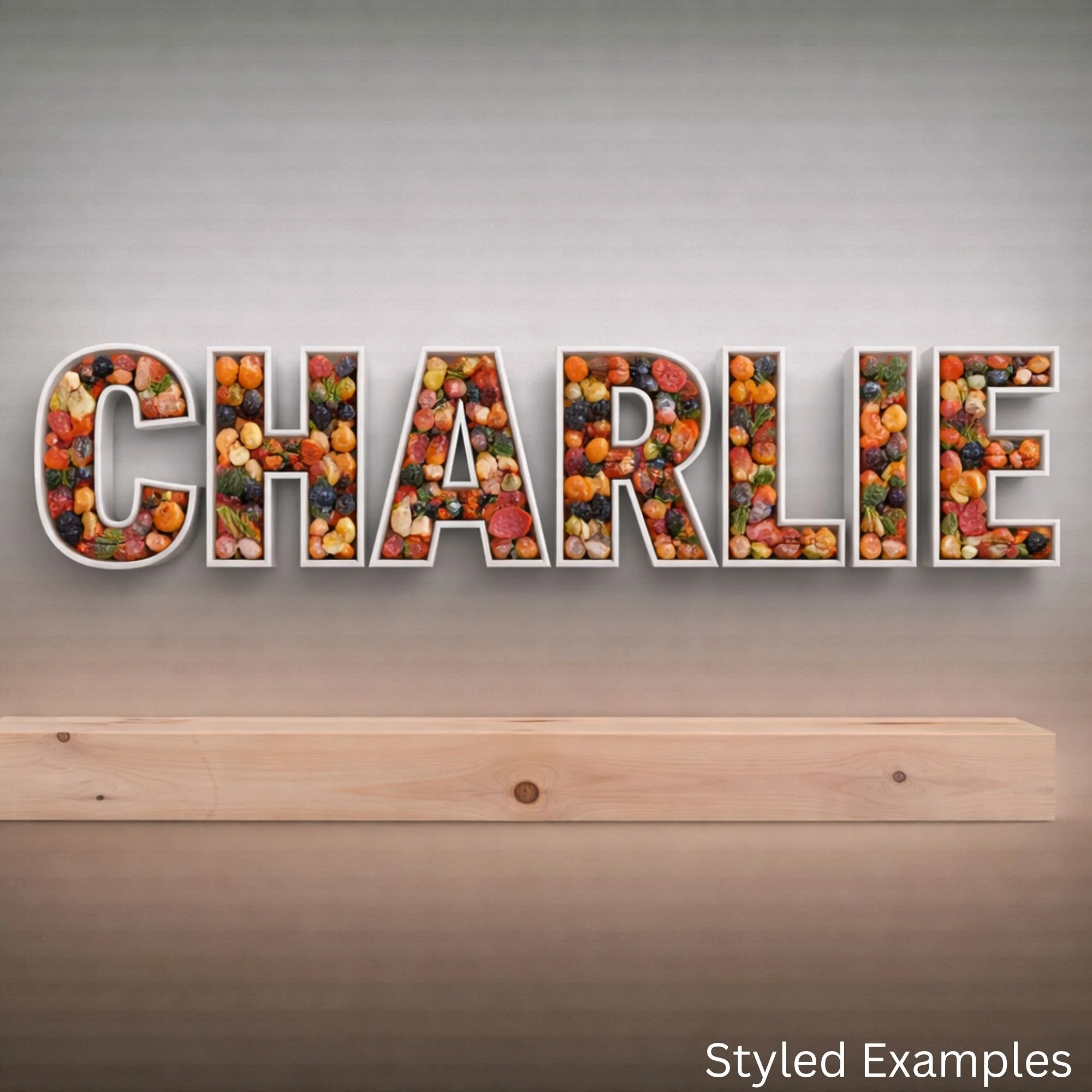 fillable letter trays spelling Charlie filled with charcuterie foods