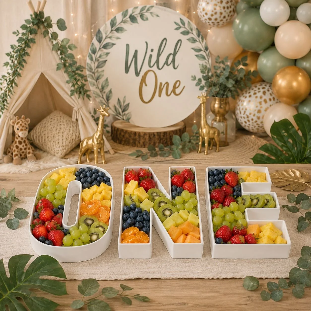 Colorful fruit display for a first birthday celebration with a decorative backdrop that includes a large sign reading 'Wild One', balloons, gold giraffe figurines, plush giraffe toy, and greenery.