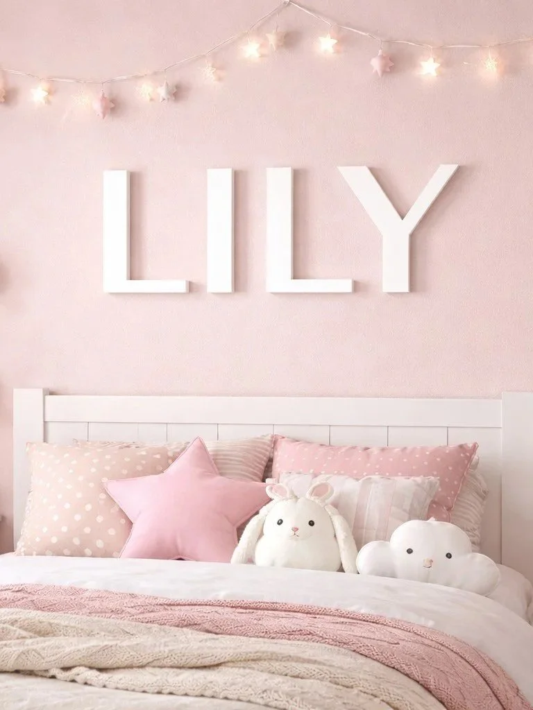 A bedroom with a pink wall and large white letters spelling 'LILY' above the bed. The bed has soft pink and white pillows, including a star-shaped pillow, and stuffed animals resembling a bunny and a cloud. A string of star-shaped fairy lights decorates the wall.