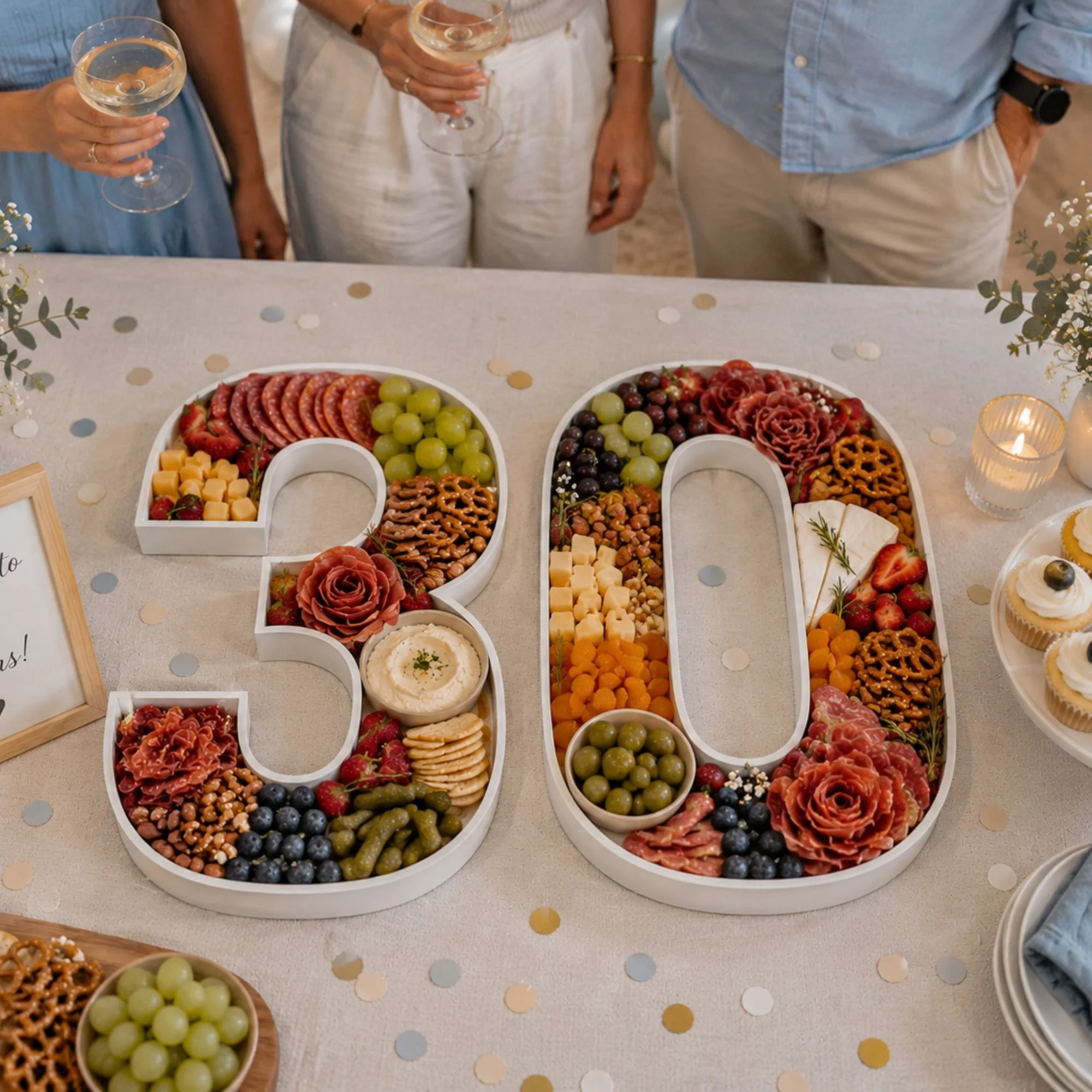 Charcuterie number box 30 on a timber table with people in the back ground celebrating