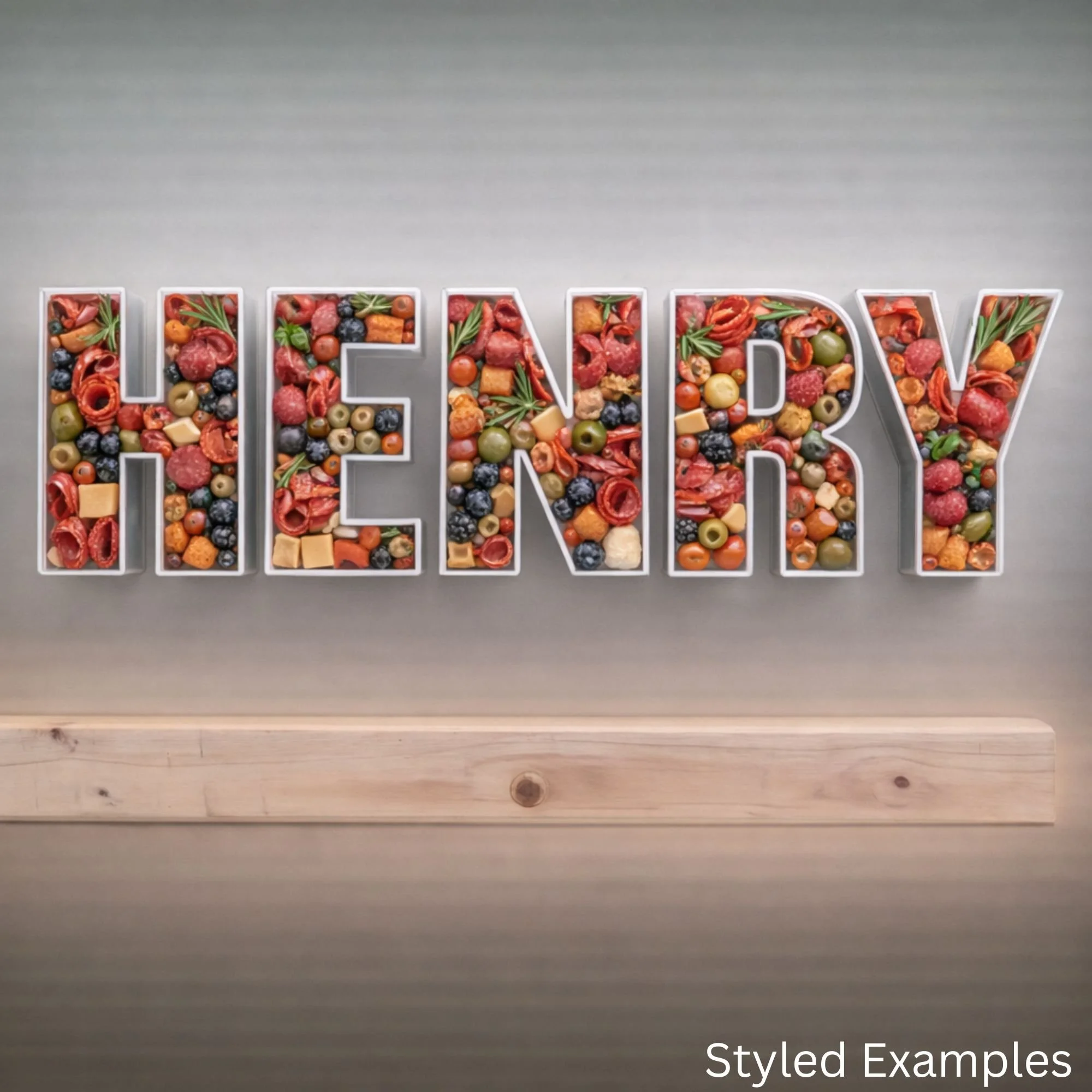 fillable letter trays spelling Henry filled with charcuterie meats and snacks