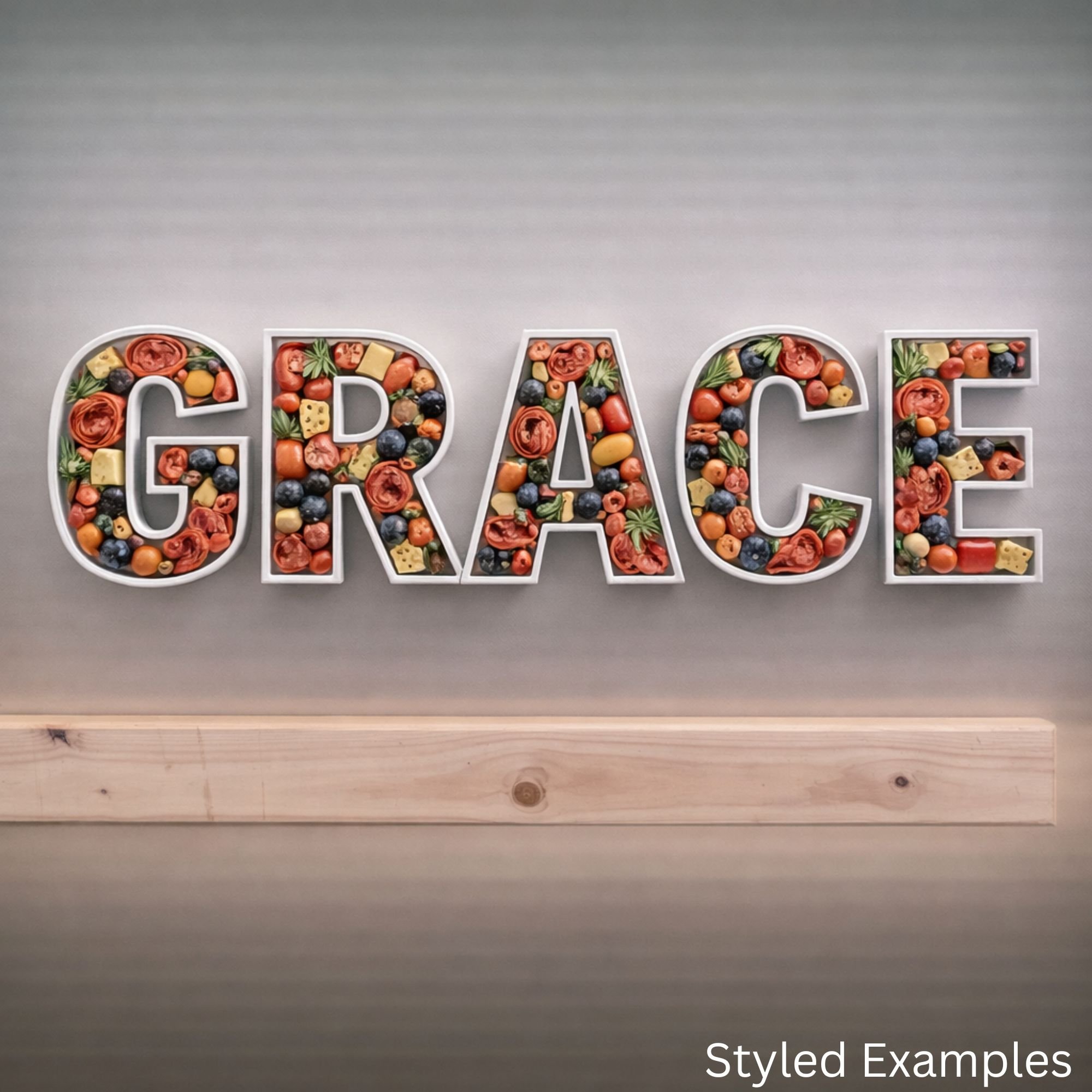 fillable letter trays spelling Grace filled with charcuterie grazing foods