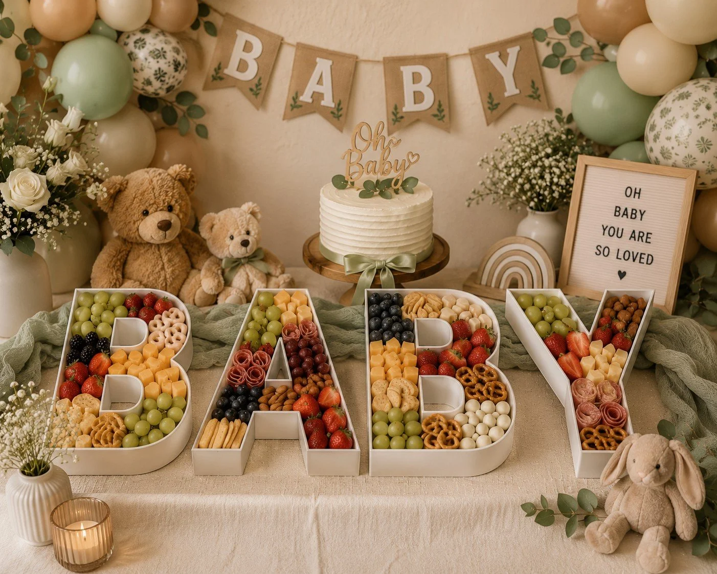 Decorative baby shower table with balloon and teddy bear decorations, a white cake with a green bow, large letter signs spelling OUT, and assorted fruit and snack trays. There are plush teddy bears, flowers, and a framed sign that reads 'Oh Baby, You Are So Loved.'