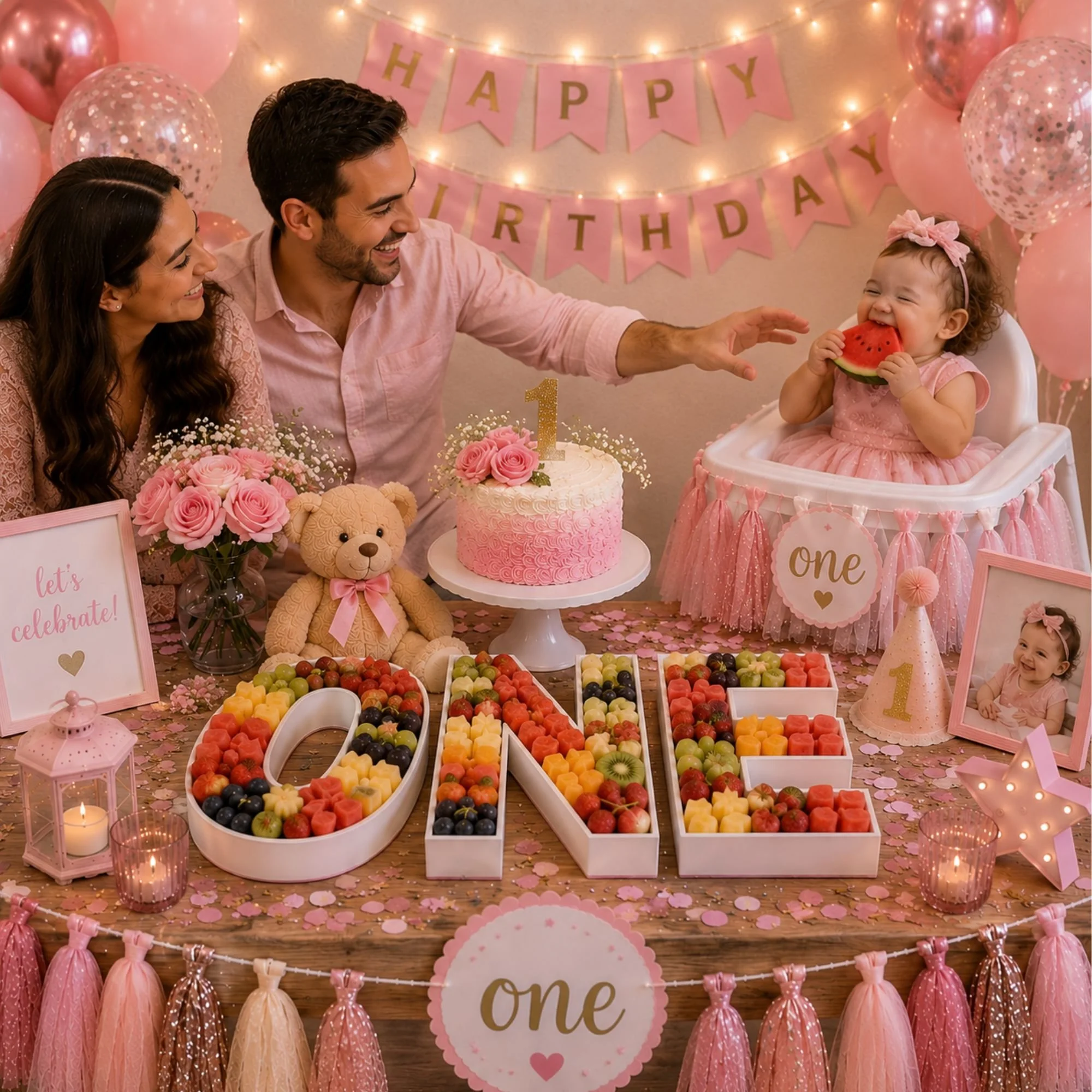 White fillable letters spelling one for birthday party featuring fresh fruit, birthday cake, balloons and family celebrating a baby girl's first birthday..jpg