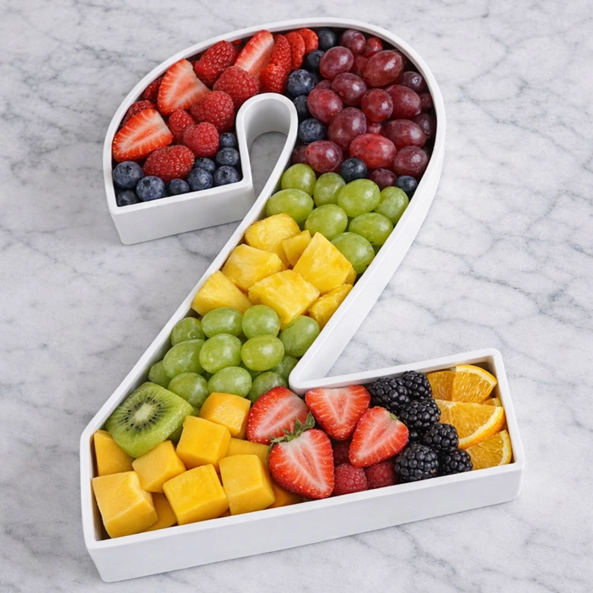 A white, number 2 shaped fruit tray filled with sliced strawberries, raspberries, blueberries, green grapes, pineapple chunks, blackberries, and orange slices, placed on a light gray marble surface.