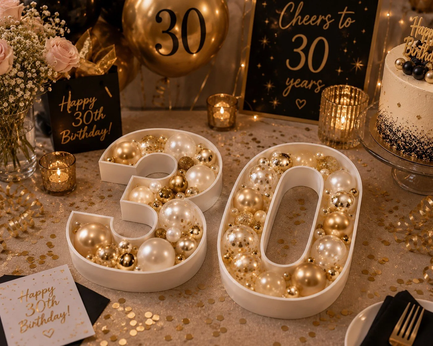 Decorated table for a 30th birthday celebration with gold and white balloons, confetti, and the number '30' shaped ornaments filled with gold and white baubles.