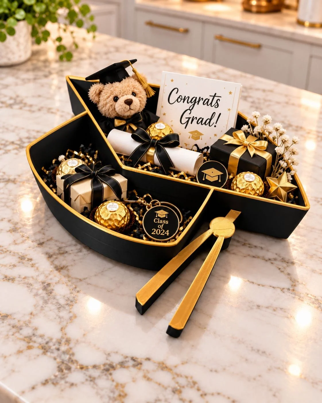 Black and gold graduation hat tray styled with a teddy bear, wrapped chocolates, card and gifts; accessories shown for display ideas only