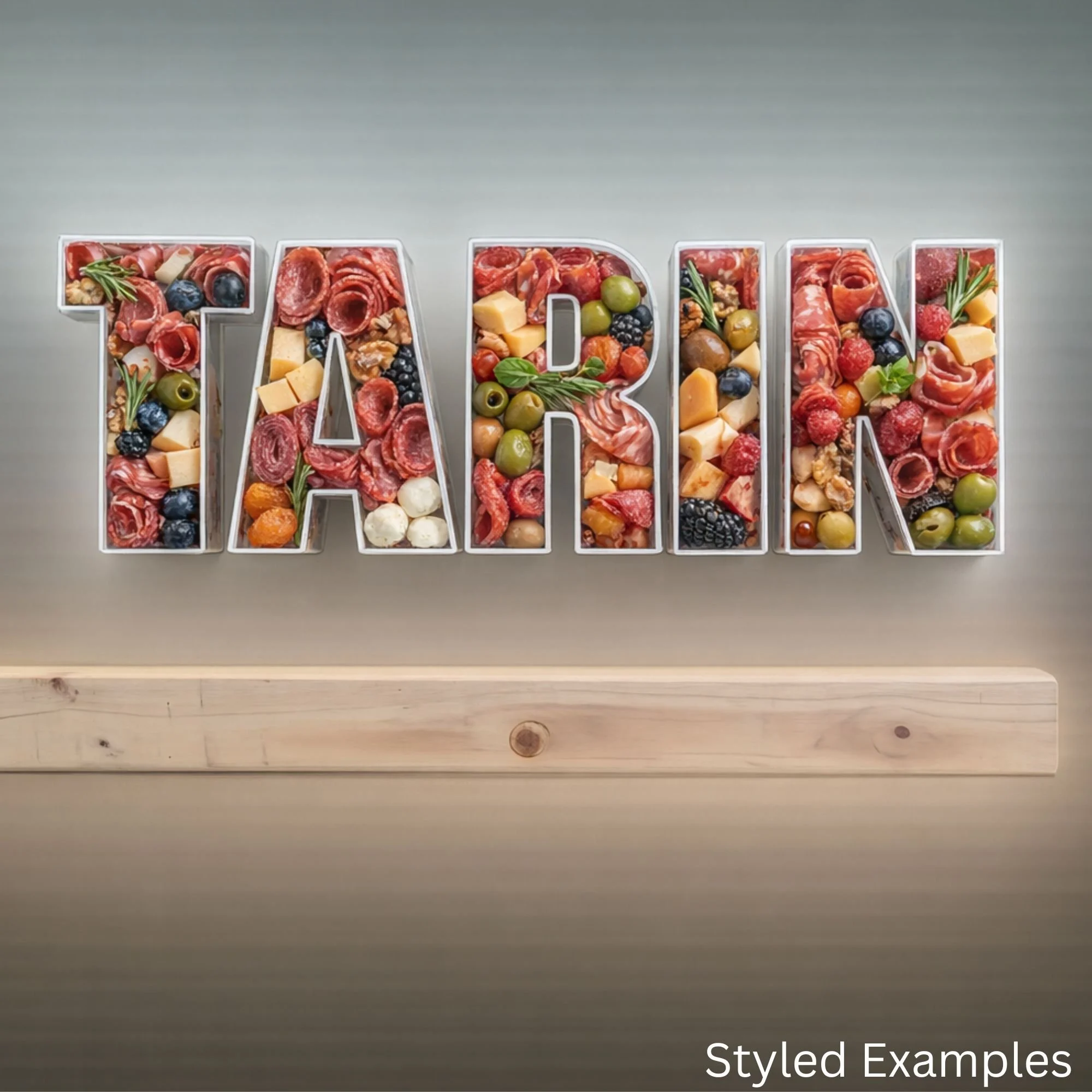 fillable letter trays spelling tarin filled with charcuterie food display