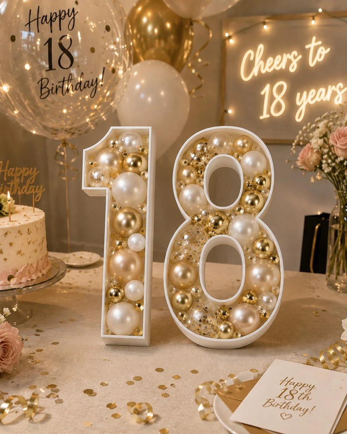 Decorative birthday celebration with large white and gold number '18' filled with champagne-colored and white balloons, a birthday cake, balloons, and a neon sign saying 'Cheers to 18 years,' surrounded by gold and white confetti for an 18th birthday party.