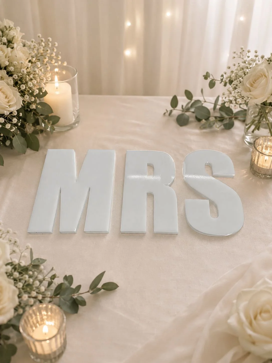 Premium acrylic MRS letters diaplayed on a table with a soft pink tablecloth with a rose decoration suround the opal letters