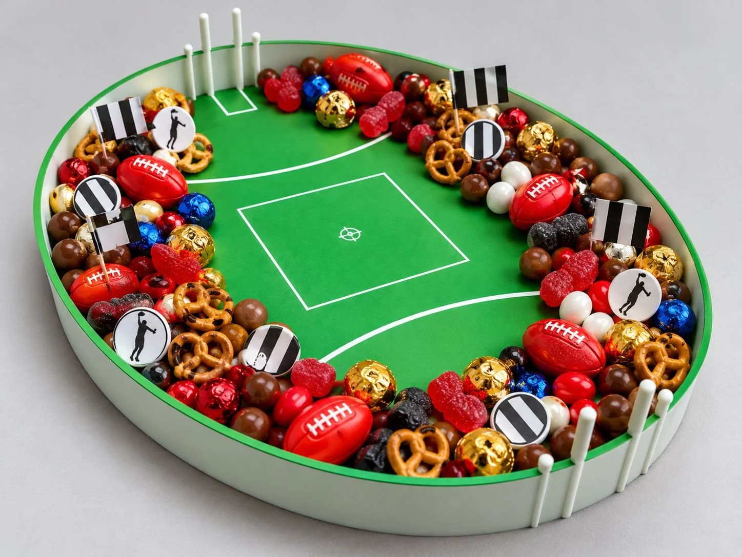 Green Australian Rules football ground tray styled with colourful lollies, wrapped chocolates and footy party decorations.