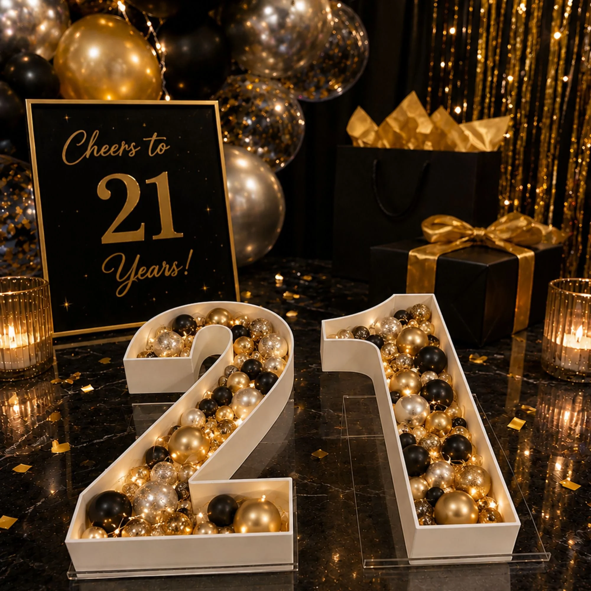 Number 21 number set full of gifts and small presents for birthday, black and gold diplay streamers on a black table