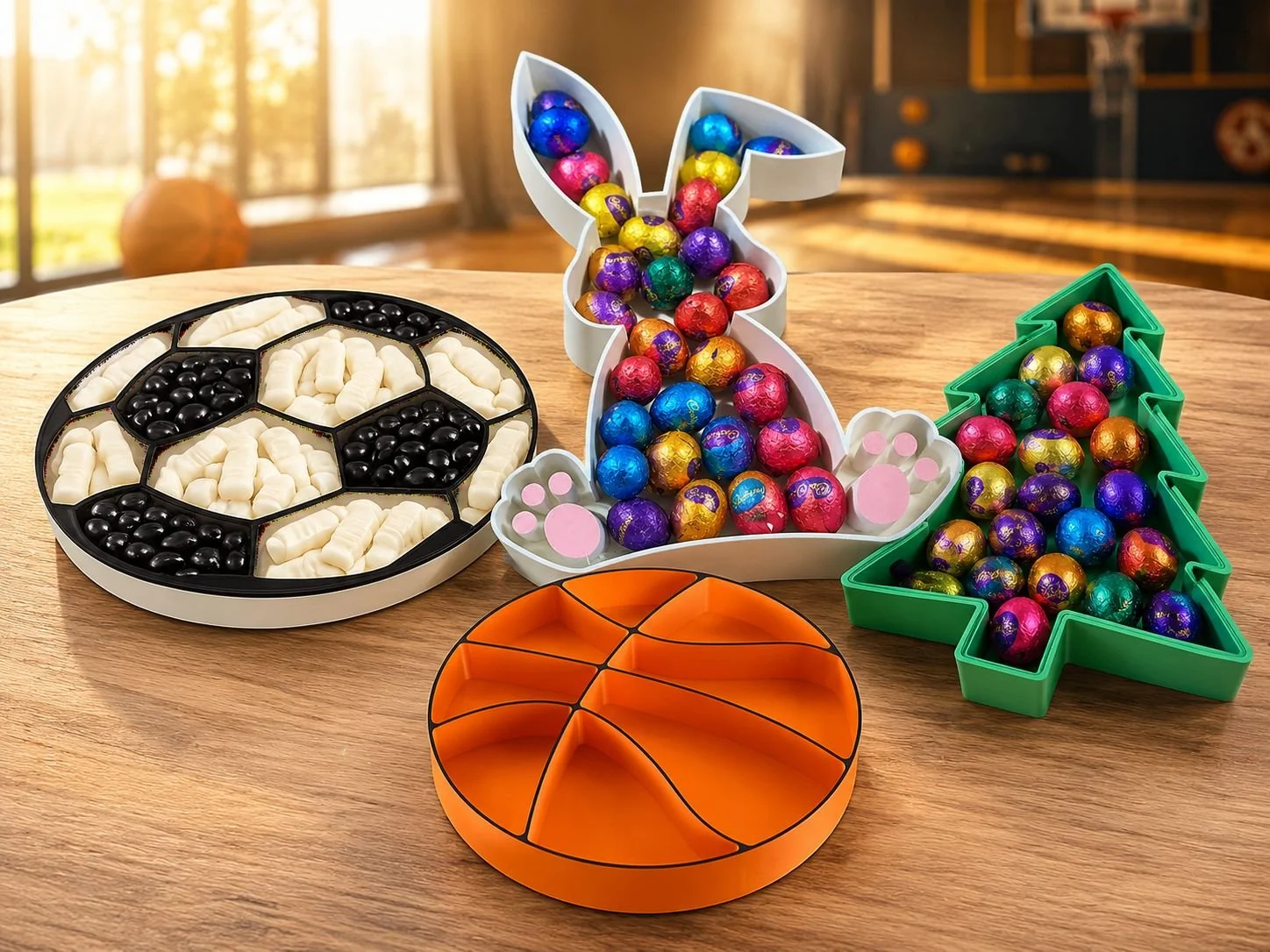 Various cookie and candy containers on a wooden table, including a black and white honeycomb-shaped tray of white and black candies, a white bunny-shaped container filled with colorful foil-wrapped chocolates, an orange pumpkin-shaped container, and a green Christmas tree-shaped container also filled with colorful foil-wrapped chocolates.