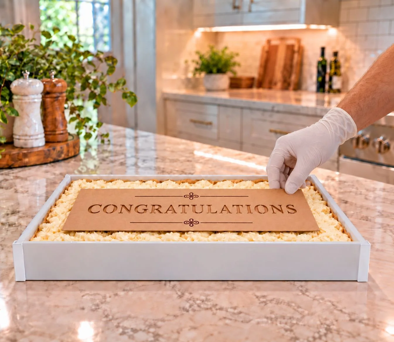 Decorating tiramisu with a congratulations stencil in an acrylic tray