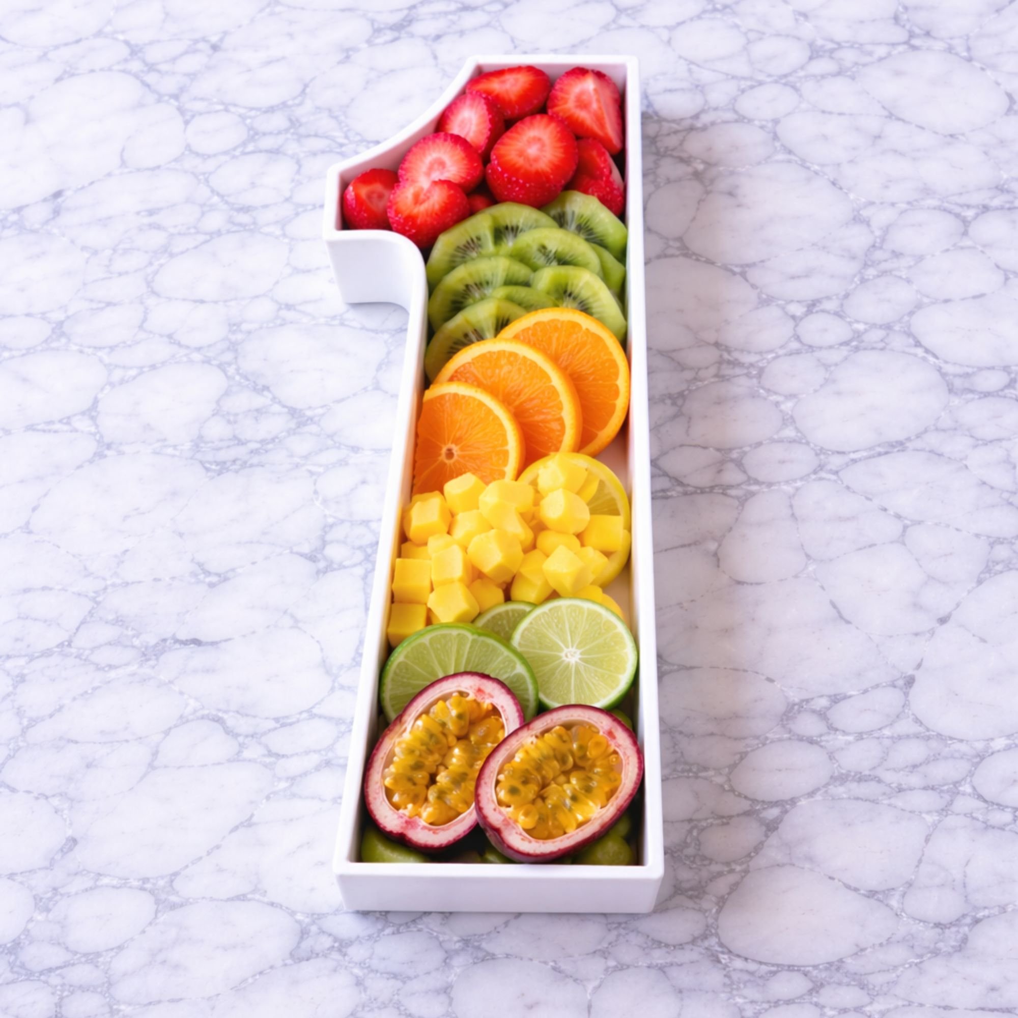 A number one container with sections of fresh strawberries, kiwifruit, orange slices, cubed mango, lime slices, and passion fruit on a marble surface.