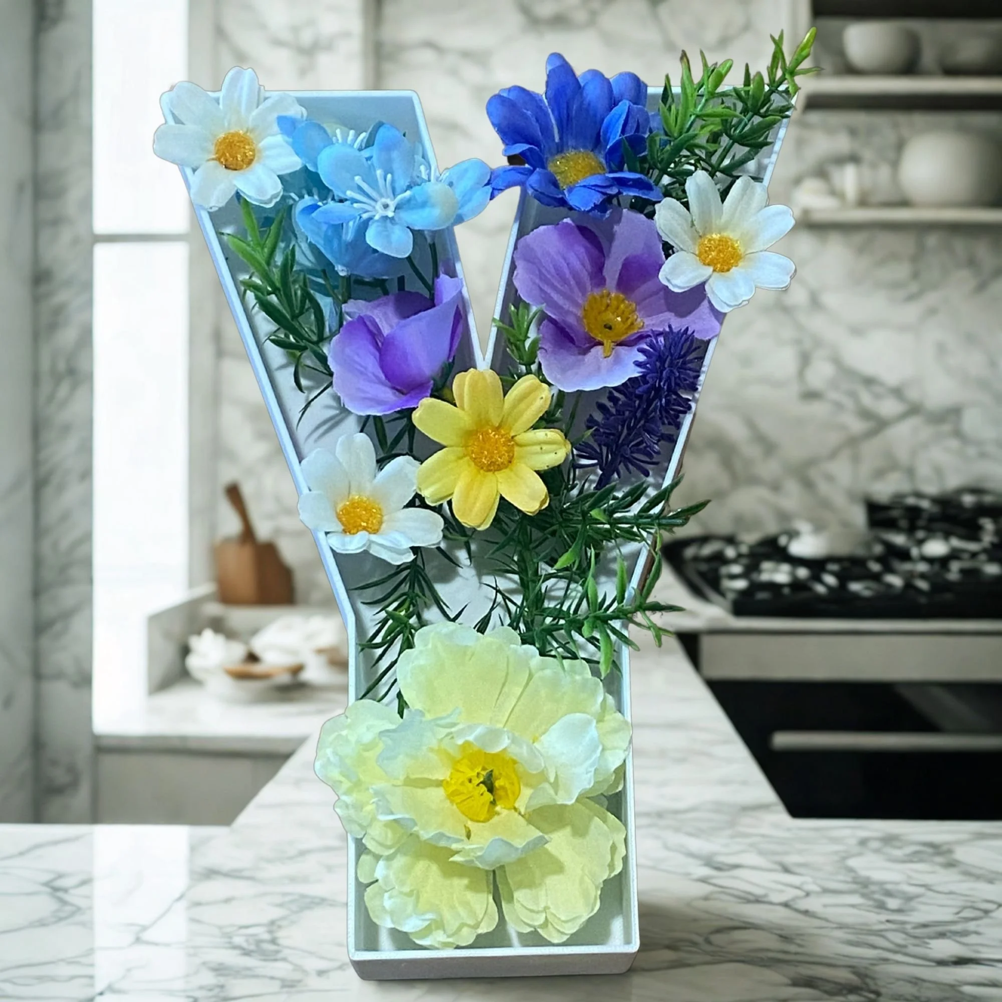 Letter Y full of flowers on a kitchen table