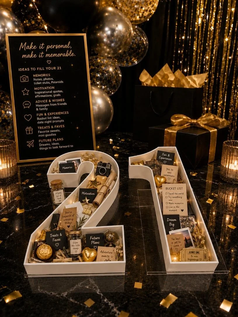 Decorative display featuring a large number 21 tray filled with gold and black accents, balloons, gift boxes, and a black-goal themed sign with ideas for personal memories, motivation, advice, fun experiences, treats.