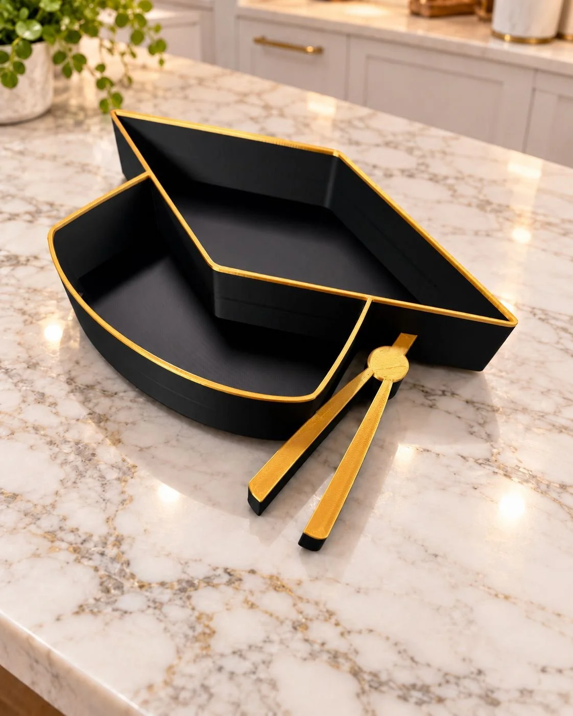 Empty black and gold graduation hat shaped fillable tray with divided sections and tassel detail on a marble kitchen bench